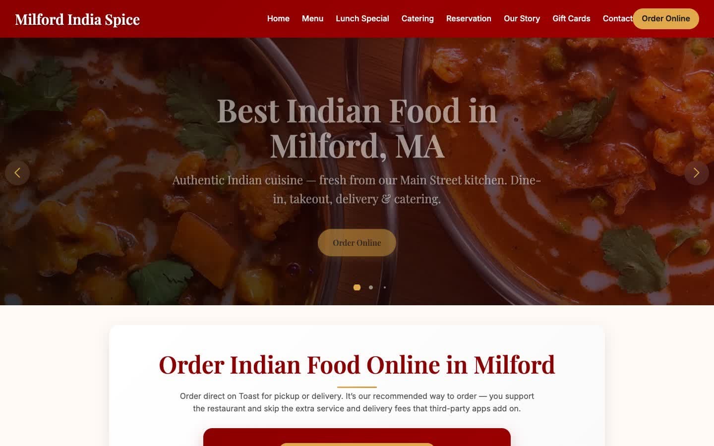 Homepage screenshot of Milford India Spice, built by Chhimeki Analytics